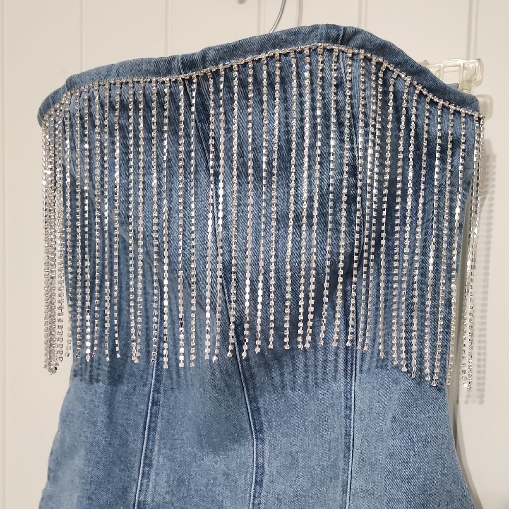 Rylie Denim Strapless Fringe Mini Dress - Picture 6 of 12